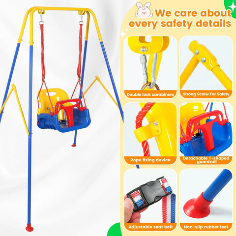All In One Toddler Swing Set With Metal A Frame Stand Foldable Baby Swing Frame Easy Assembly And Storage Indoor Outdoor Swing Stand For Toddler Jumper Chair Seat Sturdy 165 Lb Capacity, blue and yellow with safety features