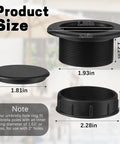 Product dimensions of Umbrella Hole Ring Plug Cap Set For Outdoor Patio Tables with black ring and cap, fits 1.63 inch poles
