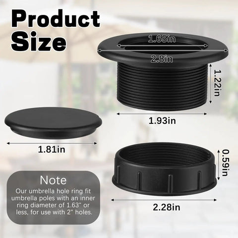 Product dimensions of Umbrella Hole Ring Plug Cap Set For Outdoor Patio Tables with black ring and cap, fits 1.63 inch poles