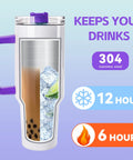 Cross-section of 40 Oz Sublimation Tumbler Set With Handles Insulated Stainless Steel Travel Cups, showing ice and drink inside.