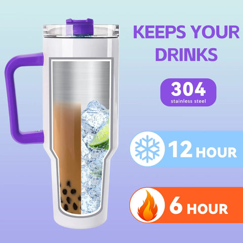 Cross-section of 40 Oz Sublimation Tumbler Set With Handles Insulated Stainless Steel Travel Cups, showing ice and drink inside.