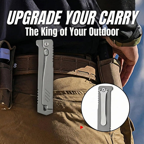 Tactical Folding Knife With Belt Clip, All Steel Sharp Blade, 9 Inch Survival Knife shown clipped to a belt outdoors