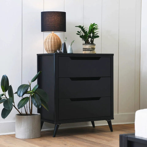 Boho Woven Rattan Table Lamp With Black Linen Shade In Natural Finish on dresser, modern rustic vibe accent lighting, living room