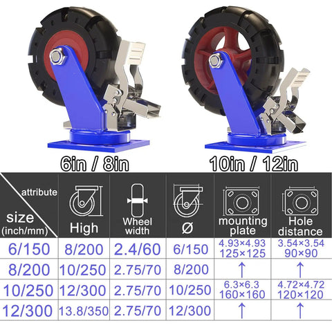 Heavy Duty Industrial Casters With Brakes Solid Rubber Wheels Ball Bearings Smooth Silent Roll Four Pack showing 6in and 10in options.