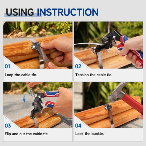Using instructions for the Rugged Steel Strapping Banding Tool Featuring A Quick Pull Tensioner And Inline Cutter for wrapping cargo.