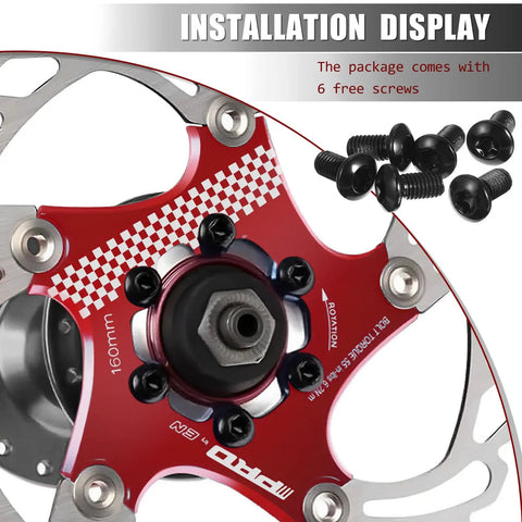 160mm floating 6 bolt disc brake rotor with installation screws, red design on MTB road bike setup