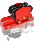 Electric Hoist Trolley For I Beam Lifting Built Tough 1 Ton Heavy Duty Capacity 2200 Lbs Adjustable Flange Width 2.68 To 4.33 Inches Dual Wheel Push Geared Overhead Trolley Fits PA600 To PA1000 Hoists, red dual wheel, side view.