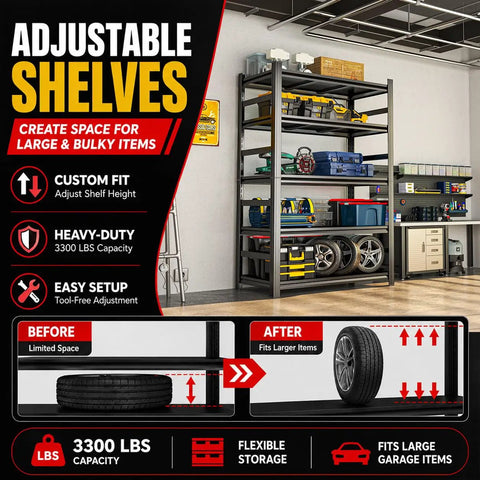 Heavy Duty Metal Garage Shelving Units With Side Guard 660 Lbs Per Shelf 3300 Lbs Total Capacity Rugged Boss Grade Tool Storage Racks For Garage Or Workshop, adjustable steel shelves in garage