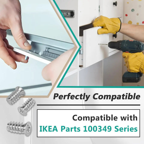 Heavy Duty Drawer Rail Euro Screws One Hundred Pack Cabinet Slide Replacement Fastener Set being installed in furniture.