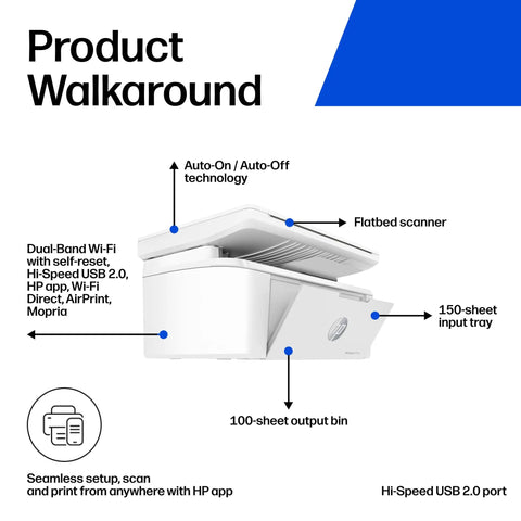 Wireless Laser Printer For Small Teams With Fast Black And White Printing Scanning And Copying Easy Setup And Mobile Printing Budget Friendly Compact MFP Built For Home Office Or Tiny Teams side view with features labeled, including flatbed scanner and input tray.