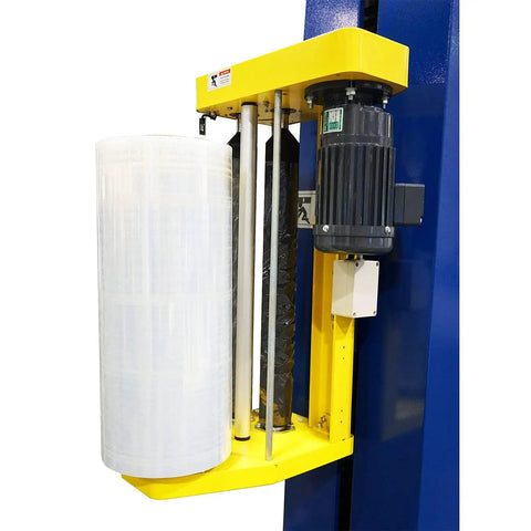 Ready To Run Automatic Stretch Wrap Machine With Loading Ramp Includes Built In Scale Weighs 5000 Pounds Prints Thermal Labels Instantly showing motor and film roll.
