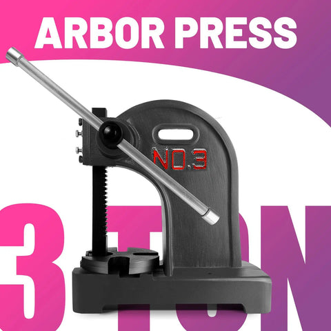 Heavy Duty 3 Ton Manual Arbor Press close-up, featuring a sturdy metallic body and lever, ideal for precise metalforming tasks.