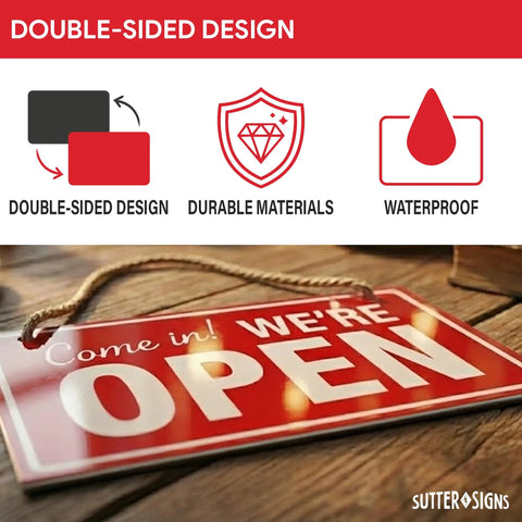 Open And Closed Sign For Biz 10 By 6 Inches Double Sided Plastic Sign With Twine And Suction Cup Hook For Door Or Window Easy To Read Business Hours Black And Red