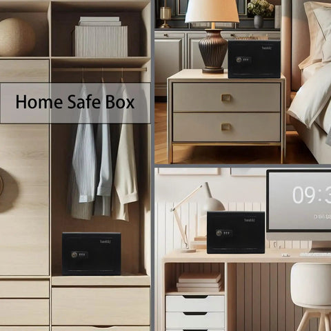Compact 3 Digit Combination Safe Box With Steel Lock in closet, on a desk, and a dresser; home office use, 0.23 cu ft capacity, black.