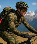 Cyclist in camouflage gear with Essential Trauma First Aid Kit With Israeli Bandage Chest Seal Tourniquet Splint And Molle IFAK attached.