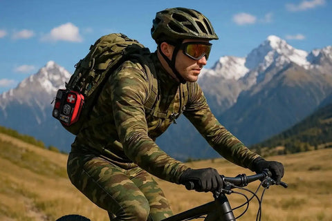 Cyclist in camouflage gear with Essential Trauma First Aid Kit With Israeli Bandage Chest Seal Tourniquet Splint And Molle IFAK attached.