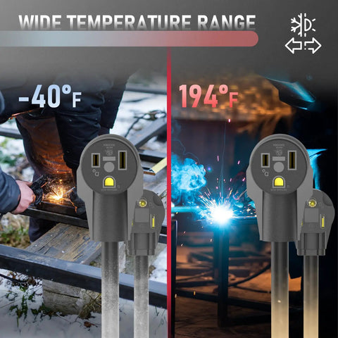 40 Foot Welder Extension Cord 250 Volt 10 AWG 3 Conductor Pro Grade Heavy Duty showing temperature range from -40 to 194 degrees F