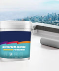 Bucket of waterproof coating polyurethane with a roller on a rooftop overlooking a city skyline.