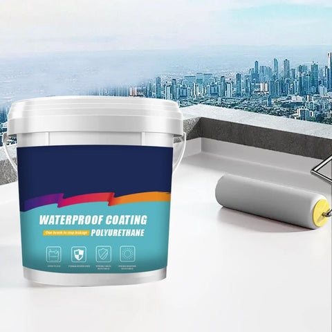 Bucket of waterproof coating polyurethane with a roller on a rooftop overlooking a city skyline.