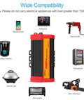 Heavy Duty 1500W Power Inverter Converts 12 Volt DC To 110 Volt AC featuring various compatible appliances like coffee machine and mini chainsaw.