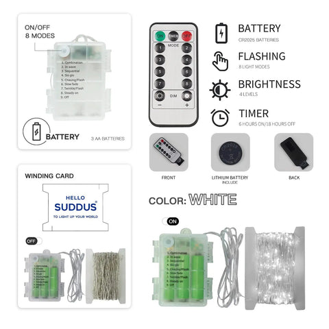 66Ft 200 LED Outdoor String Lights With Battery Pack And Remote Waterproof Fairy Lights for Patio details including remote and battery pack