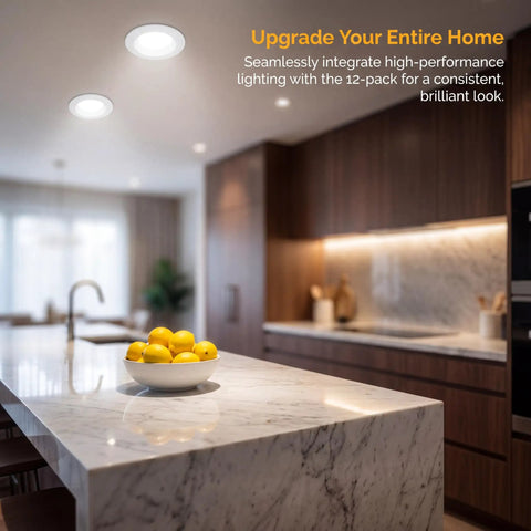 Modern kitchen with 12 Pack 4 Inch Retrofit LED Recessed Lighting with E26 Adaptor, Can Lights with Baffle Trim, Dimmable, Damp Rated.