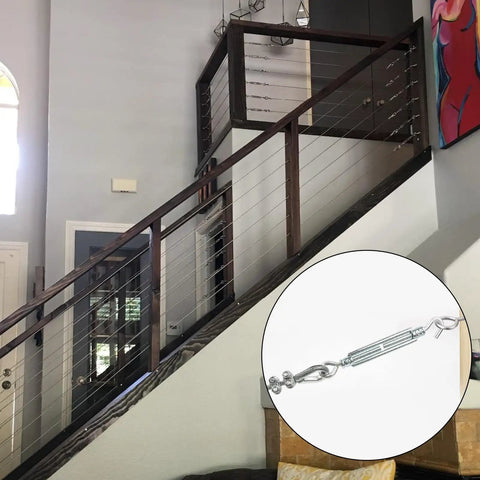 Indoor staircase with installed Three Sixteenth Inch Wire Rope Tensioner Kit With 100 Foot PVC Coated Steel Cable and zoomed turnbuckle.
