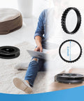 Heavy Duty Roomba Wheel Tires Replacement Kit For Series 500 600 700 800 900 Robotic Vacuums in living room setting.