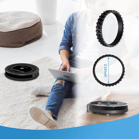 Heavy Duty Roomba Wheel Tires Replacement Kit For Series 500 600 700 800 900 Robotic Vacuums in living room setting.