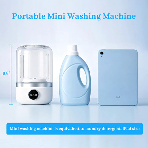 Rechargeable Mini Portable Washing Machine For Underwear And Baby Clothes Compact Travel Laundry Cleaner Lightweight Delicate Cycle Perfect For Dorms Hotels And Road Trips Game Changer next to laundry detergent bottle and iPad for size comparison.