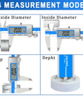 Diagram of 6 Inch Digital Caliper With Large LCD Screen Stainless Steel Vernier Caliper Auto Off showing 4 measurement modes.