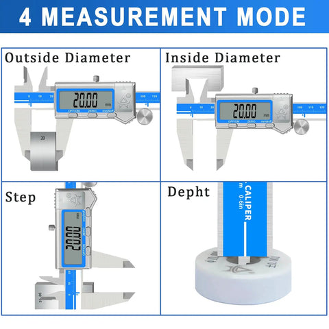 Diagram of 6 Inch Digital Caliper With Large LCD Screen Stainless Steel Vernier Caliper Auto Off showing 4 measurement modes.