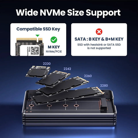 Blazing Fast External Ssd Enclosure For M2 Nvme Drives Featuring Usb 4 And Thunderbolt 4 showing compatible NVMe sizes 2230 to 2280.