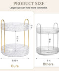 Product size comparison of Two Tier Clear Rotating Makeup Organizer Stand featuring Butter Smooth 360 Spin and Rock Solid Wobble Free Stability.