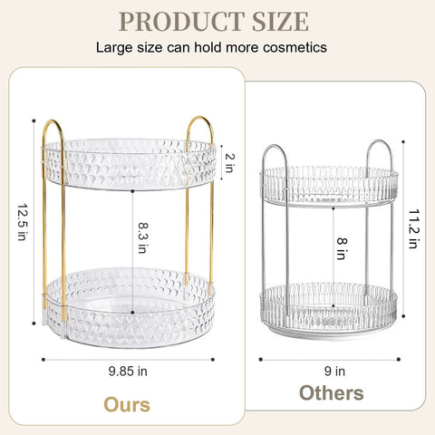 Product size comparison of Two Tier Clear Rotating Makeup Organizer Stand featuring Butter Smooth 360 Spin and Rock Solid Wobble Free Stability.