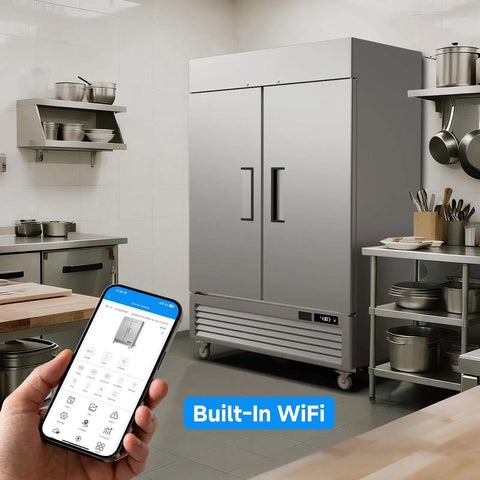 Heavy Duty Commercial Upright Freezer With Kickass WiFi Setup App in a kitchen, featuring stainless steel construction and LED lighting.
