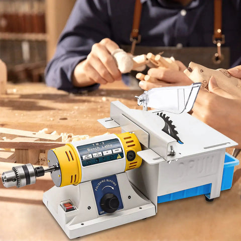 Tabletop polishing and grinding machine for jewelry and lapidary with high speed motor and anti-skid base in workshop setting.
