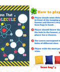 Instructions for Science Toss Banner Backdrop for Chemistry Party Decor Molecule Theme with beanbags and scoring.