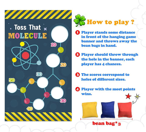 Instructions for Science Toss Banner Backdrop for Chemistry Party Decor Molecule Theme with beanbags and scoring.