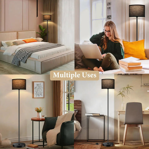 Minimalist Floor Lamp With White Linen Fabric Shade, Tall Modern Standing Light For Living Room Bedroom Or Office, Black Metal Pole