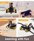 Programmable Robotic Arm Kit With 5DOF For Kids And Teens, ESP32 Arduino Python Blockly Coding, App Control And Remote, STEM DIY Gift For Ages 8-16 And Up, Learn To Grab, Lift, And Place Objects. 5DOF robot car with app control in music, obstacle avoidance, and line following modes.