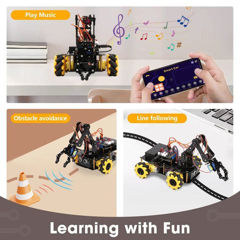 Programmable Robotic Arm Kit With 5DOF For Kids And Teens, ESP32 Arduino Python Blockly Coding, App Control And Remote, STEM DIY Gift For Ages 8-16 And Up, Learn To Grab, Lift, And Place Objects. 5DOF robot car with app control in music, obstacle avoidance, and line following modes.