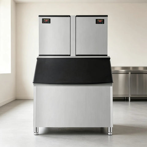 Heavy Duty Commercial Ice Maker Pumping Out Crisp Clear Cubes On The Fly With Stainless Steel Frame and black top in restaurant setting.
