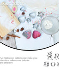 Halloween 5 Piece Stainless Steel Cookie Cutter Set Skull Ghost Witch Scythe Demon Shapes on baking table with sprinkles