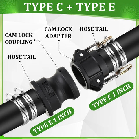 2 Set Type C And E 1 Inch Camlock Fittings Kit Polypropylene Cam And Groove Hose Fittings With 1 Inch Female Coupling