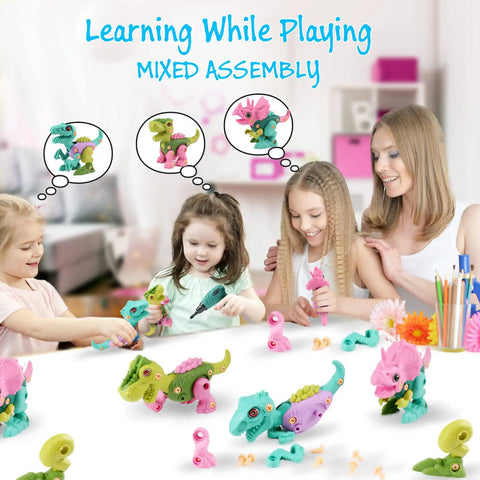 Take Apart Dinosaur Toys For Kids Aged 3 Through 7 With Electric Drill STEM Building Set Three Pack Featuring Pink Triceratops Green Tyrannosaurus Rex And Cyan Velociraptor Kid Friendly Hands On Construction Toy Gift Idea, kids assembling dinos