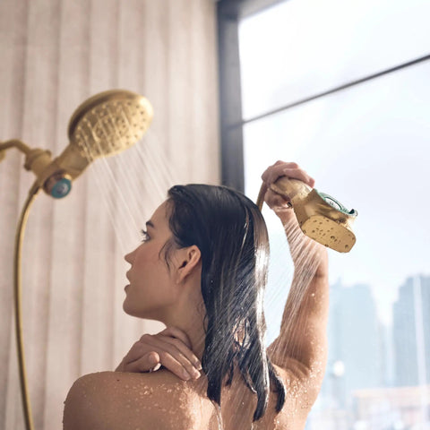 Next Level Bathroom Upgrade Featuring Brushed Gold Handheld And Rain Shower Head Combo With Infiniti Dial For Killer Flow Options Smooth As Butter Magnetix Docking Tech And Zero Hassle Daily Enjoyment