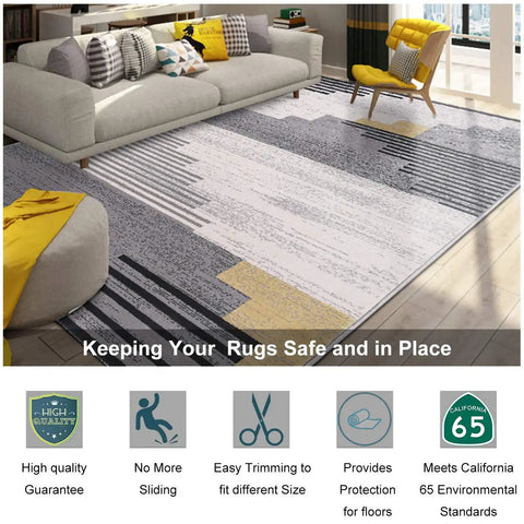 Stay Put Non Slip Area Rug Pad Gripper 5x8 Feet with Strong Grip in living room setting with couch and chair, beige color.