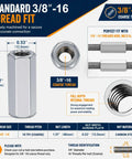 Eight Piece 3/8 Inch Hex Coupling Nuts For Threaded Rods Heavy Duty Carbon Steel Construction 3/8-16 Coarse Threads secure fit dimensions.