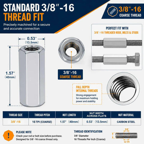 Eight Piece 3/8 Inch Hex Coupling Nuts For Threaded Rods Heavy Duty Carbon Steel Construction 3/8-16 Coarse Threads secure fit dimensions.